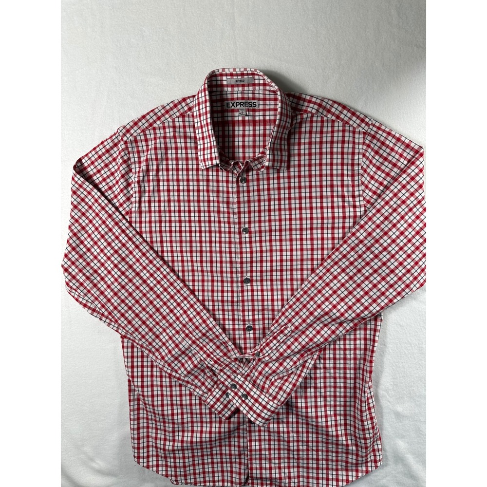 Express Fitted Mens Large Red White Blue Plaid Long Sleeve Button Down Shirt